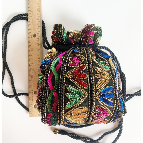 Vintage Malcolm Starr Double Drawstring Purse Bag Beaded Sequins Embellished DR1 - Picture 7 of 8